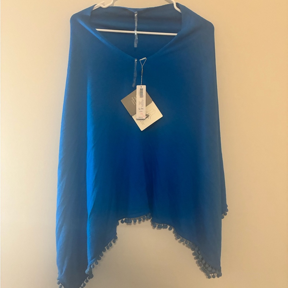 Chico's Blue Poncho with Gray Trim
